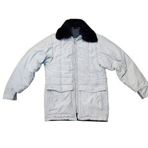 80s Vintage Made In Canada Men's White Puffer Jacket with Black Collar Nice Fit